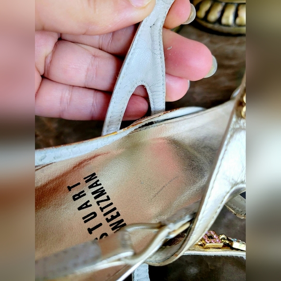 Stuart Weitzman Crystal/Rhinestone Embellished Sandal Kitten Heel PlatinumGold 7 - Picture 4 of 16